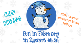 Snowman wearing a blue toque and scarf inside a blue circle. Words "Fun in February" under the snowman.